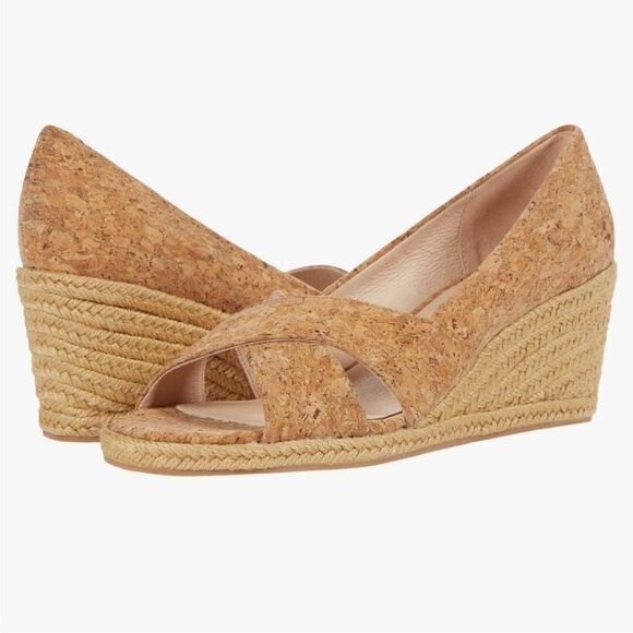 Jack Rogers NWOB Criss-Cross Wedge Espadrilles Tan Palmer Cork - Women's‎ Size 8 - Picture 1 of 8